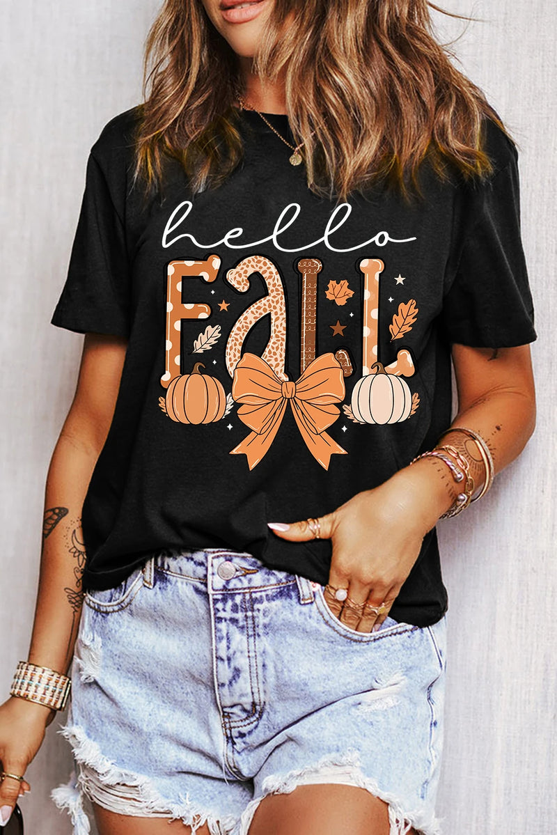 Load image into Gallery viewer, DLLS991 - Ladies Black Hello Fall Thanksgiving Bow Pumpkin Graphic Tee
