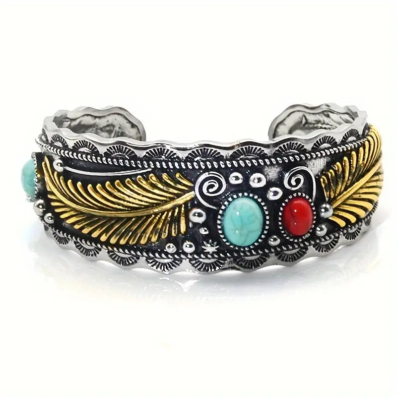 Load image into Gallery viewer, TMBC33 - Open Bracelet w/Stones &amp; Gold Leaves
