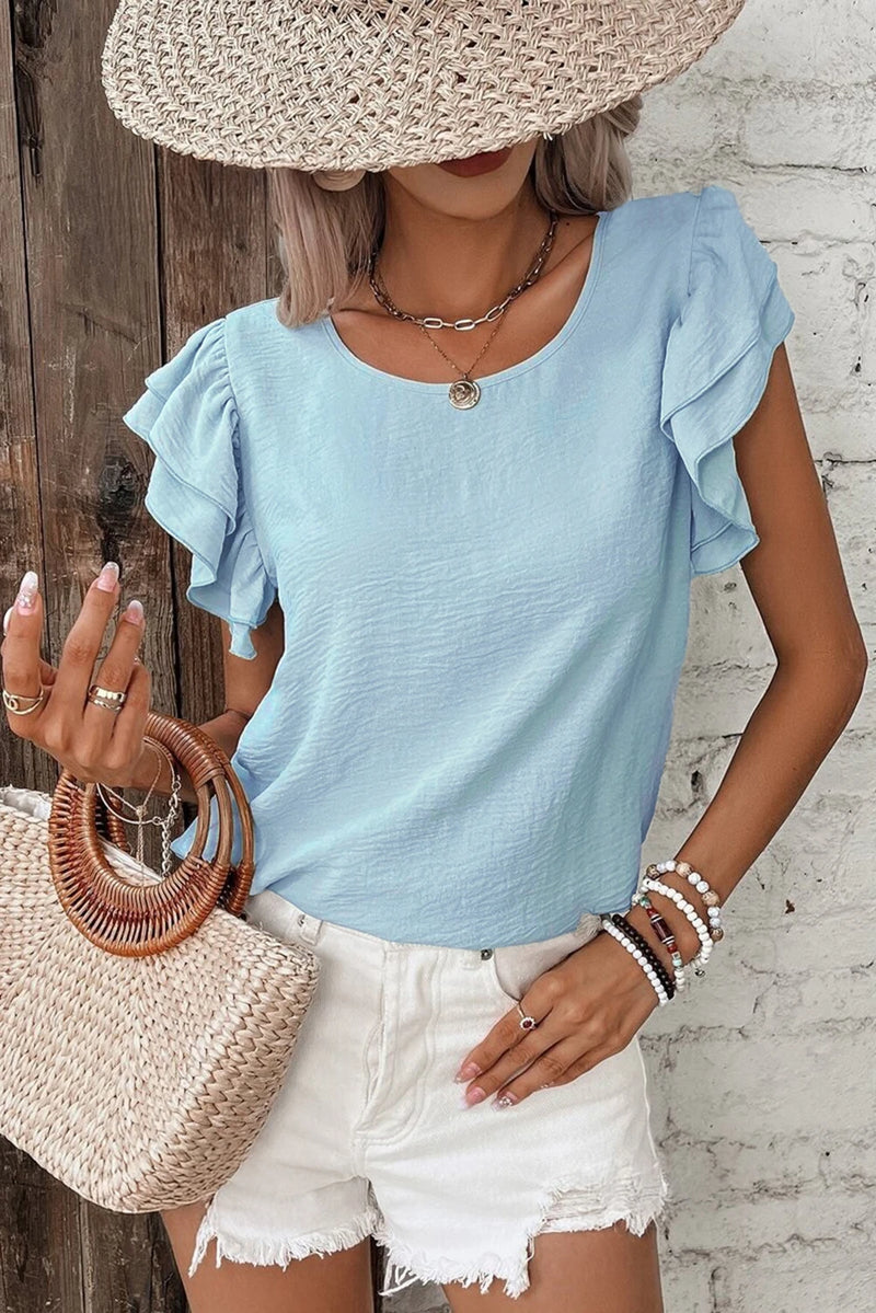 Load image into Gallery viewer, DLLS452 - Ladies Mist Blue Solid Color Ruffled Short Sleeve Casual Blouse
