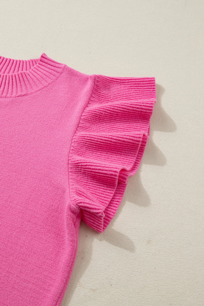 Load image into Gallery viewer, DLLS579 - Ladies Pink Solid Color Ribbed Trim Round Neck Ruffle Short Sleeve Sweater
