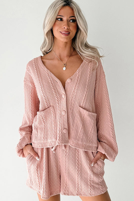 DLLS369 - Ladies Gossamer Pink Cable Knit V Neck Cardigan Shorts Set