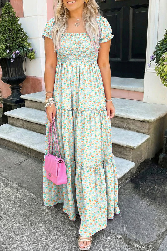 DLLS613 - Ladies Green Floral Short Bubble Sleeve Shirred High Waist Maxi Dress