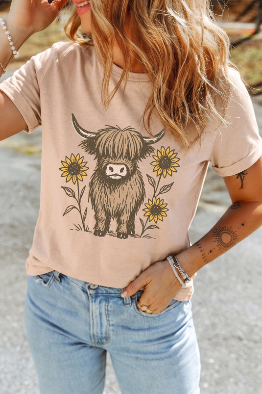 DLLS1006 - Ladies Khaki Western Print Highland Cow Graphic T-Shirt