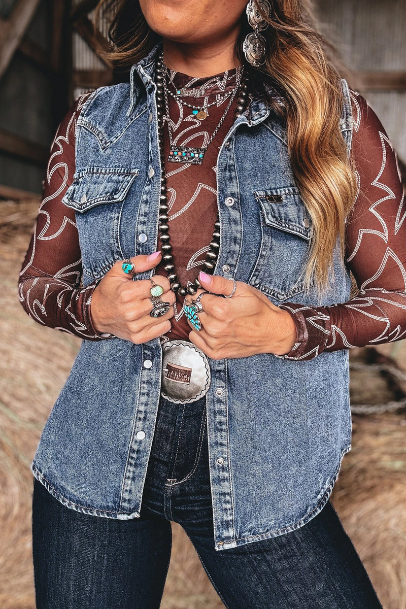 Load image into Gallery viewer, DLLS787 - Ladies Ashleigh Blue Solid Denim Button Front Pocket Sleeveless Cowboy Vest

