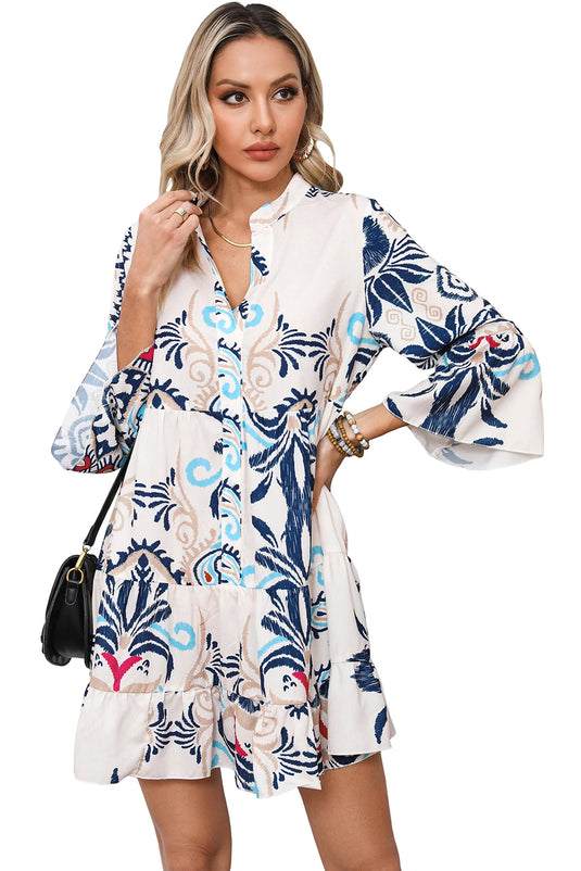 DLLS447 - Ladies White Printed Tribal Bracelet Sleeve Buttoned Mini Dress
