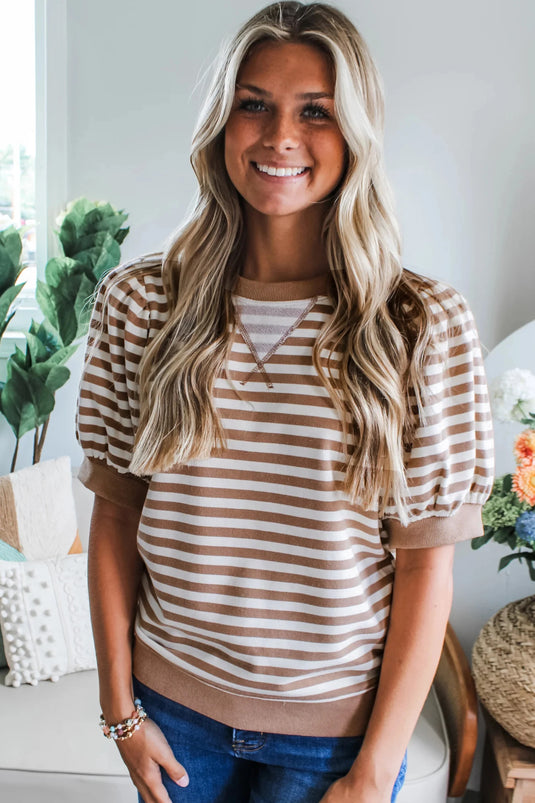 DLLS548 - Ladies Khaki Stripe Short Bubble Sleeve T Shirt