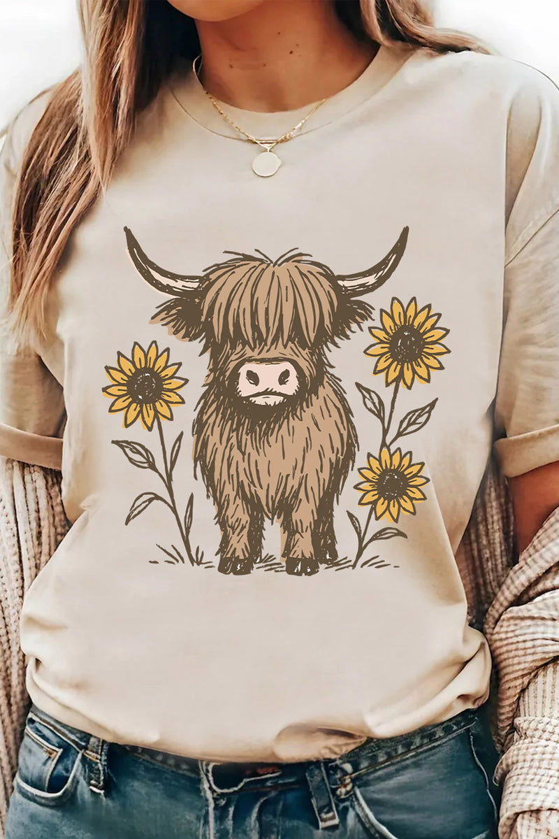 Load image into Gallery viewer, DLLS1006 - Ladies Khaki Western Print Highland Cow Graphic T-Shirt
