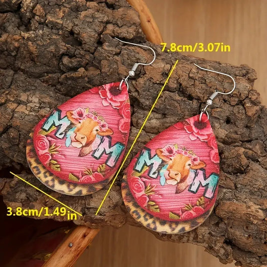 TMER53 - Cow Head "Mom" PU Leather Earrings