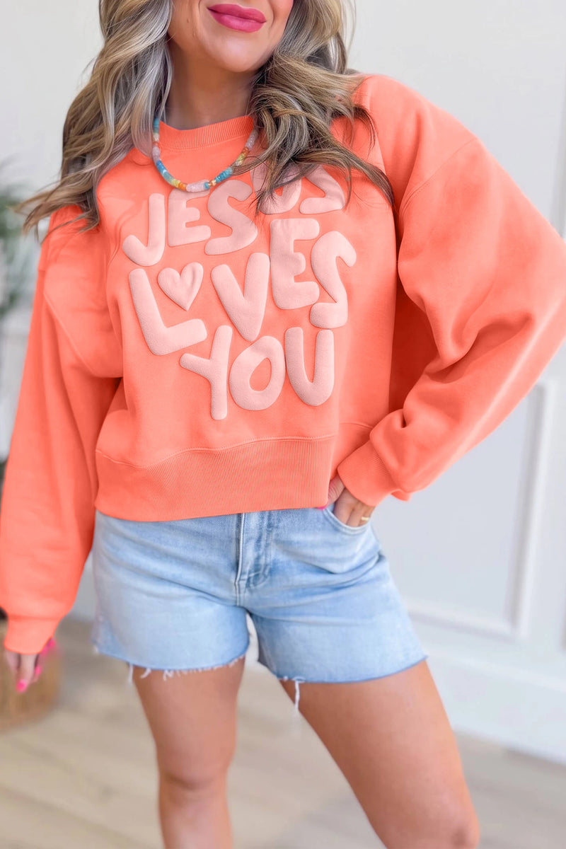 Load image into Gallery viewer, DLLS1057 - Ladies Grapefruit Orange JESUS LOVES YOU Puffy Letter Graphic Sweatshirt
