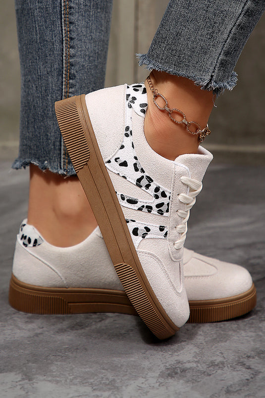 DLLSHOE 82 - White Suede Leopard Color Block Trim Lace-up Casual Shoes