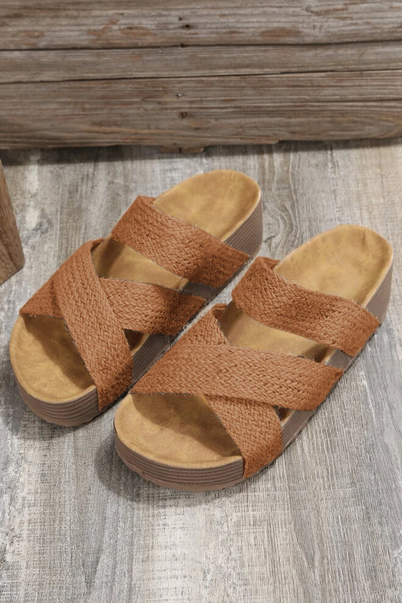 Load image into Gallery viewer, DLLSHOE 126 - Brown Woven Cross Criss Hollowed Slip-On Slippers
