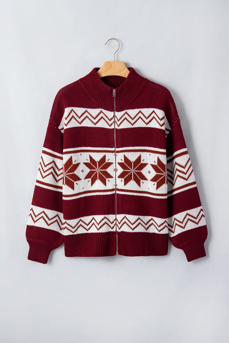 Load image into Gallery viewer, DLLS831 - Ladies Red Geometric Pattern Zip-Up Knit Long Sleeve Regular Fit Cardigan
