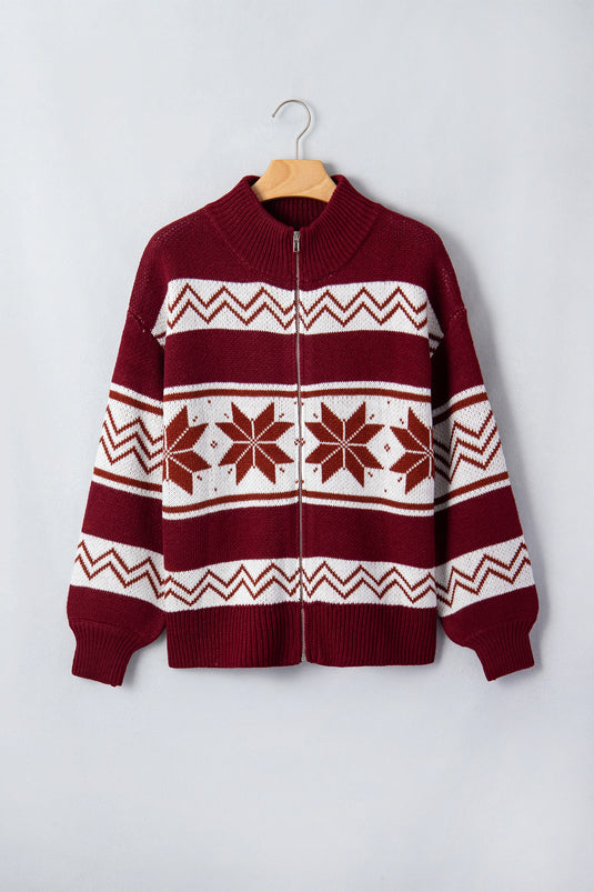 DLLS831 - Ladies Red Geometric Pattern Zip-Up Knit Long Sleeve Regular Fit Cardigan