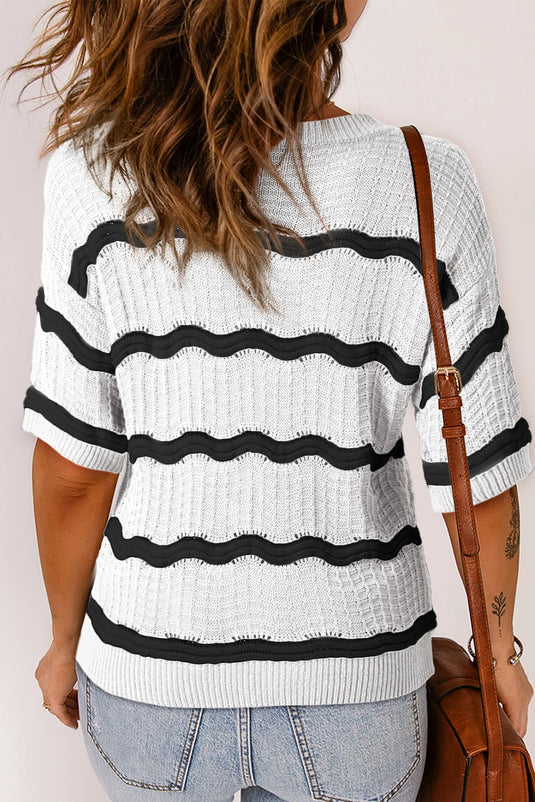 DLLS528 - Ladies White Stripe Wavy Textured Knit Half Sleeve Loose Sweater