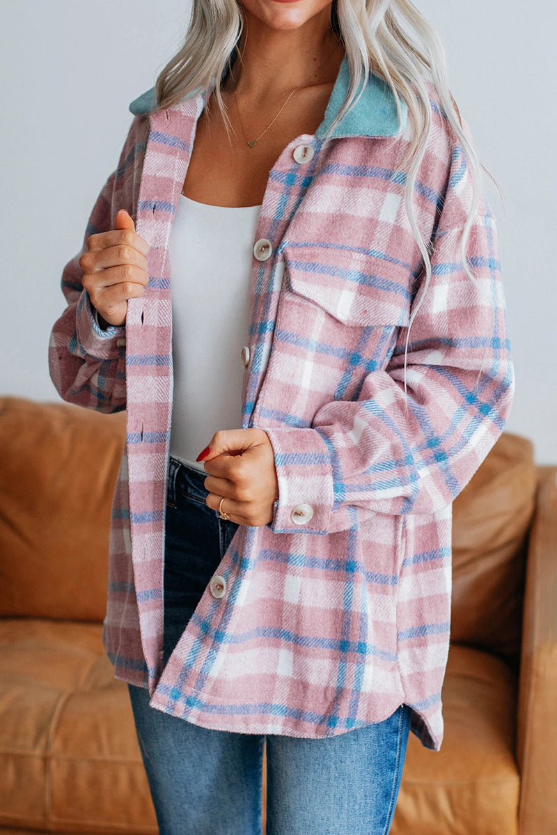 Load image into Gallery viewer, DLLS907 - Ladies Pink Plaid Print Color Block Collared Flap Pockets Loose Shacket
