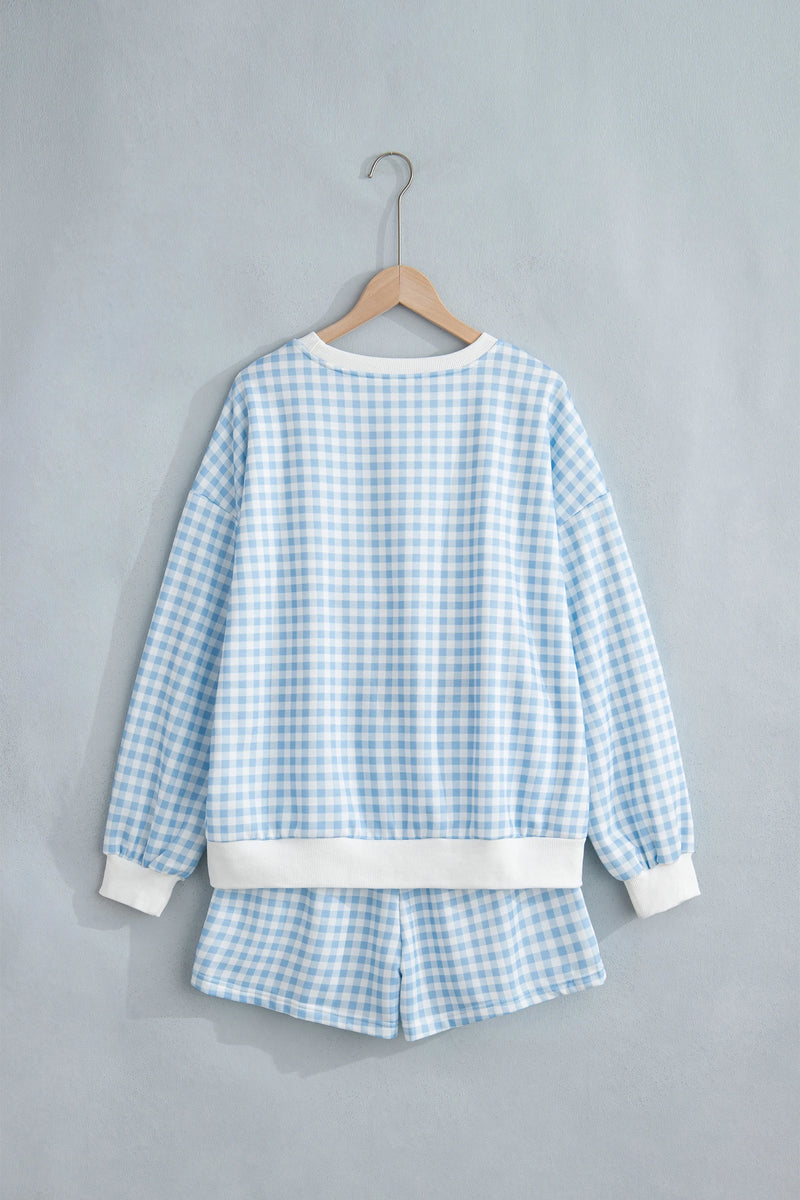Load image into Gallery viewer, DLLS1081 - Ladies Sky Blue Plaid Baggy Pullover Drawstring Casual Shorts 2pcs Outfit
