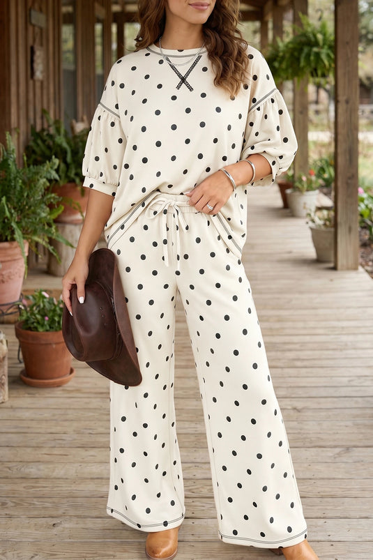 DLLS897 - Ladies Beige Polka Dot Half Sleeve Loose Top Elastic Waist Casual Pants Set