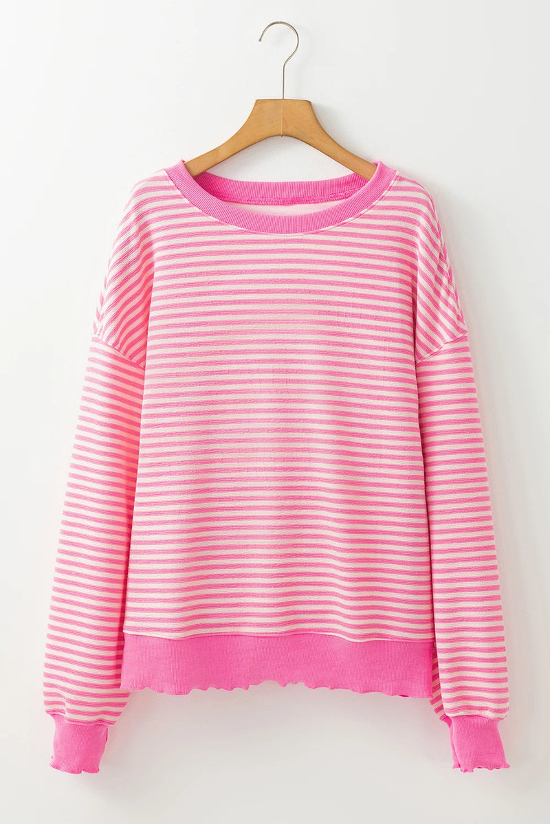 Load image into Gallery viewer, DLLS346 - Ladies Pink Stripe Loose Drop Shoulder Long Sleeve Top
