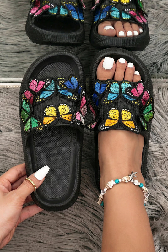 DLLSHOE 161 - Color Black 3D Butterfly Patch Detail Casual EVA Slippers