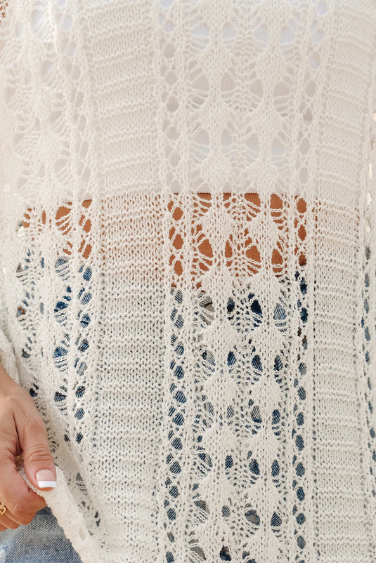 DLLS446 - Ladies White Hollow Out Knit Bracelet Sleeve Drop Shoulder Sweater