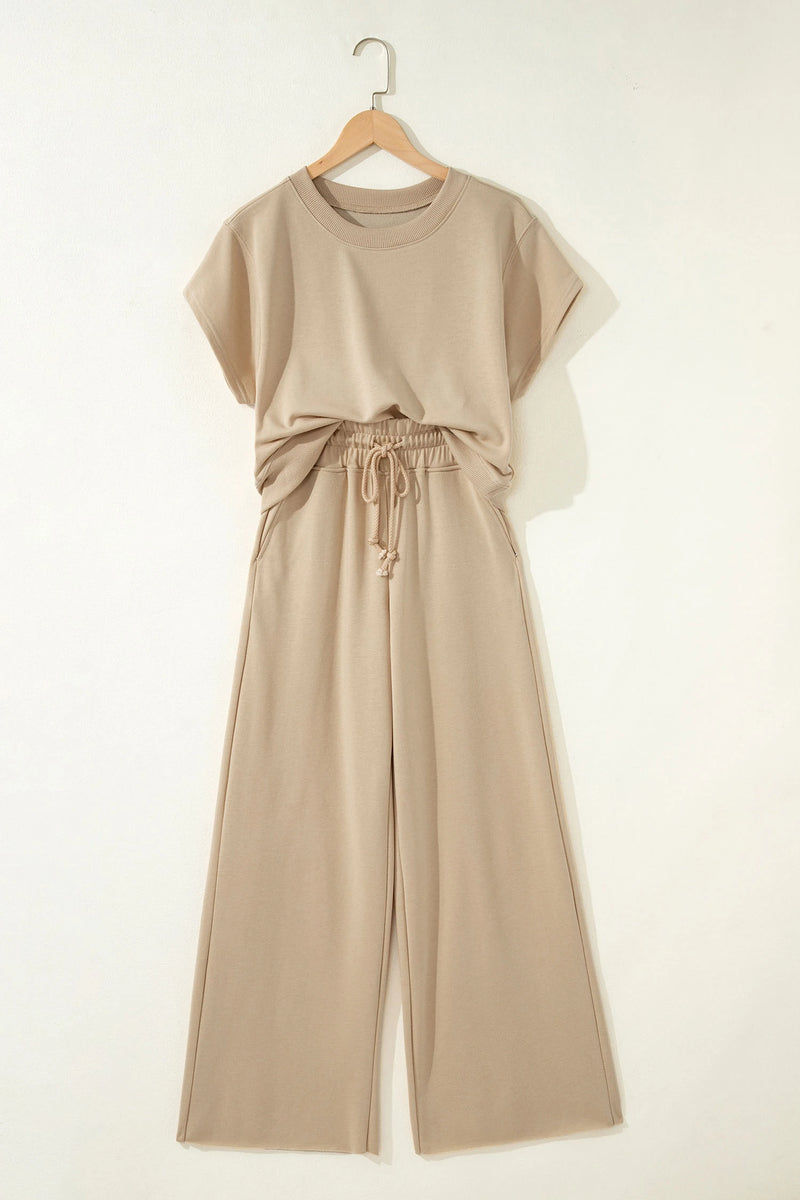 Load image into Gallery viewer, DLLS932 - Ladies Parchment Solid Color Loose Tee Drawstring Wide Leg Pants 2pcs Outfit
