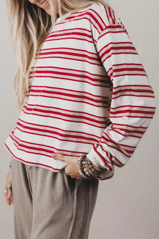DLLS680 - Ladies Red Stripe Long Sleeve Striped Top