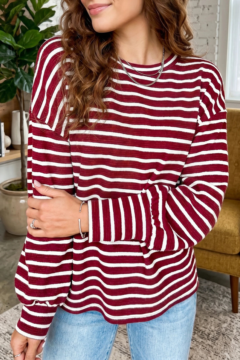 Load image into Gallery viewer, DLLS836 - Ladies Red Stripe Drop Shoulder Long Sleeve Top
