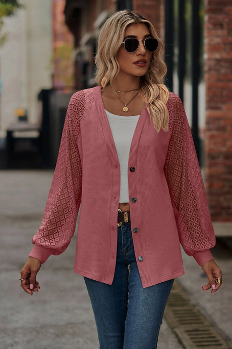 DLLS134 - Ladies Waffled Knit Lace Long Sleeve Buttoned Cardigan