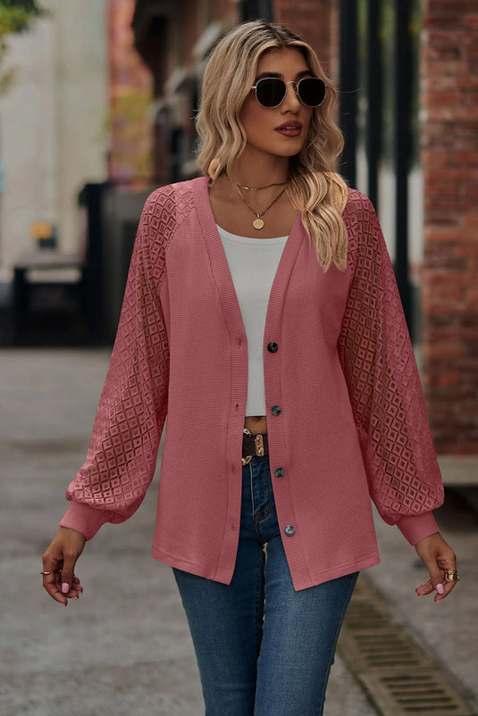DLLS134 - Ladies Waffled Knit Lace Long Sleeve Buttoned Cardigan