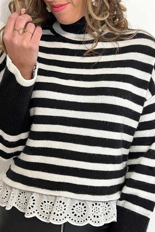 DLLS1077 - Ladies Black Striped High Neck Contrast Ruffle Detail Casual Sweater