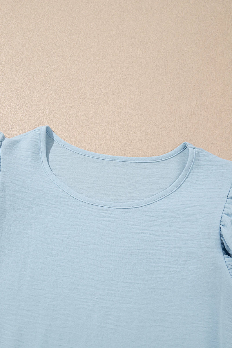 Load image into Gallery viewer, DLLS452 - Ladies Mist Blue Solid Color Ruffled Short Sleeve Casual Blouse
