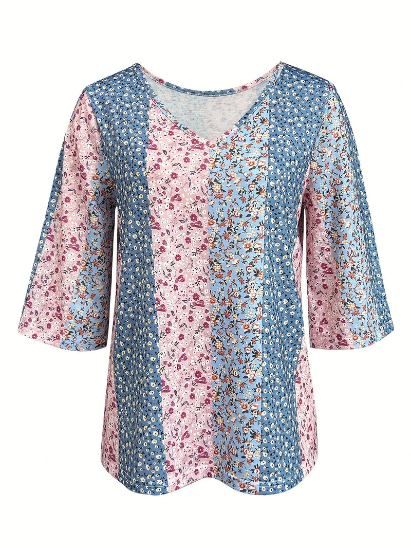 Load image into Gallery viewer, TMTSHT128 - Ladies Small Floral Print V Neck Shirt
