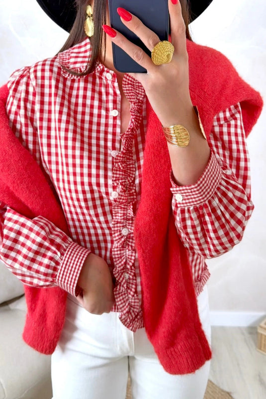 DLLS785 - Ladies Red Plaid Long Sleeve Button Down Frill Detail Casual Shirt