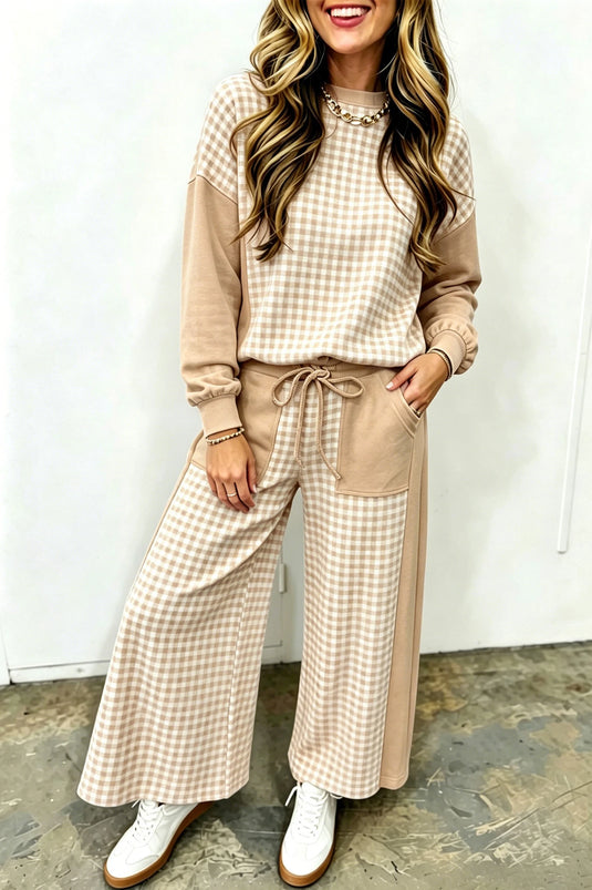 DLLS1054 - Ladies Khaki Color Block Plaid Patchwork Long Sleeve Wide Leg Pant Set