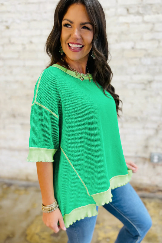 DLLS512 - Ladies Mint Green Loose Uneven Hem Twist Ribbed T Shirt