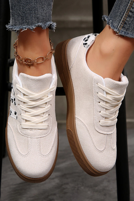 DLLSHOE 82 - White Suede Leopard Color Block Trim Lace-up Casual Shoes