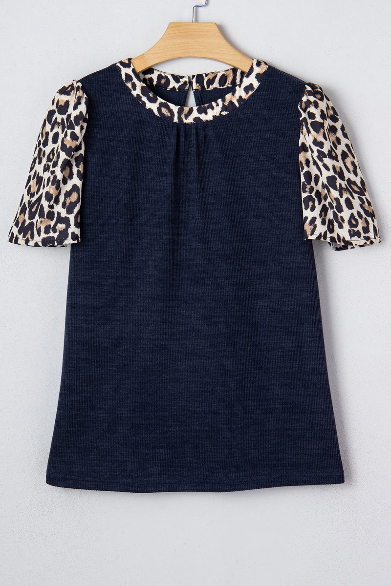 Load image into Gallery viewer, DLLS341 - Ladies Navy Blue Ribbed Contrast Leopard Patchwork Short Sleeve Top
