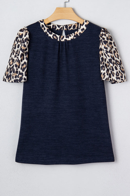 DLLS341 - Ladies Navy Blue Ribbed Contrast Leopard Patchwork Short Sleeve Top