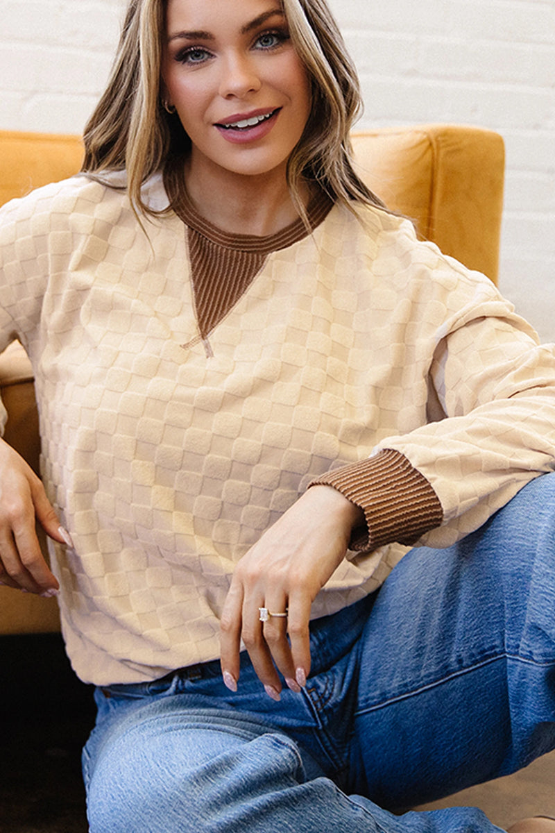 Load image into Gallery viewer, DLLS951 - Ladies Parchment Plush Checkered Contrast Twisted Rib Long Sleeve Top
