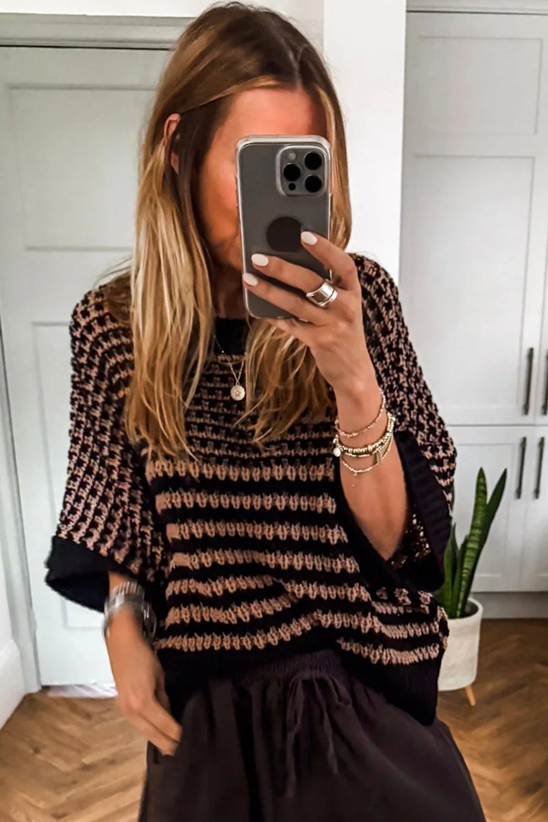 Load image into Gallery viewer, DLLS308 - Ladies Black Stripe 3/4 Draped Sleeve Slouchy Sweater

