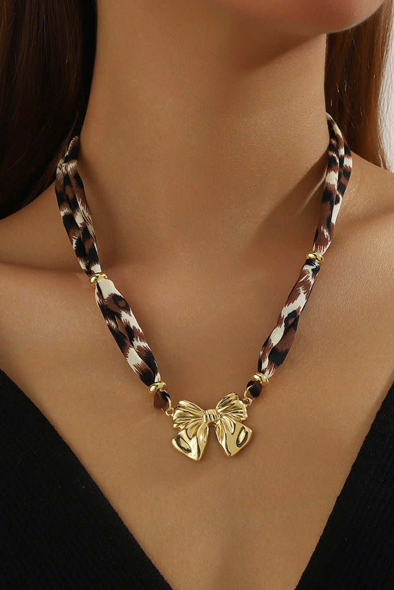 Load image into Gallery viewer, DLLNK 7 - Gold Plated Bow Charm Leopard Ribbon Necklace

