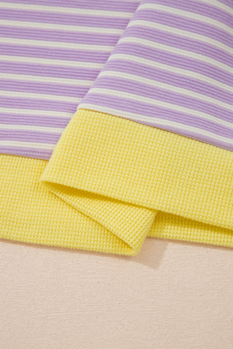 Load image into Gallery viewer, DLLS699 - Ladies Purple Striped Colorblock Paneling Collar Cuff Hem Texture T-Shirt
