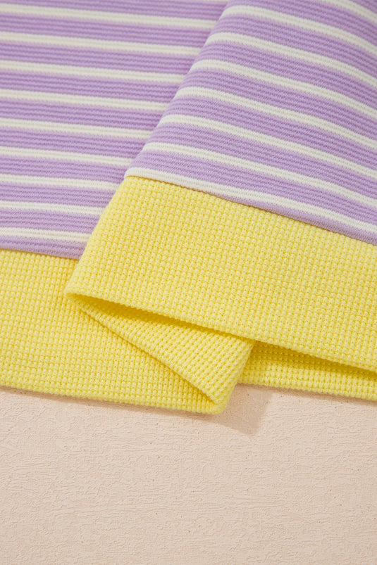 DLLS699 - Ladies Purple Striped Colorblock Paneling Collar Cuff Hem Texture T-Shirt