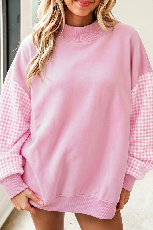 DLLS1010 - Ladies Pink Plaid Sleeve Colorblock Loose Tunic Sweatshirt