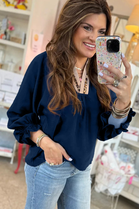 DLLS252 - Ladies Dirty blue Leopard Trim V Neck Flounced Bracelet Sleeve Blouse