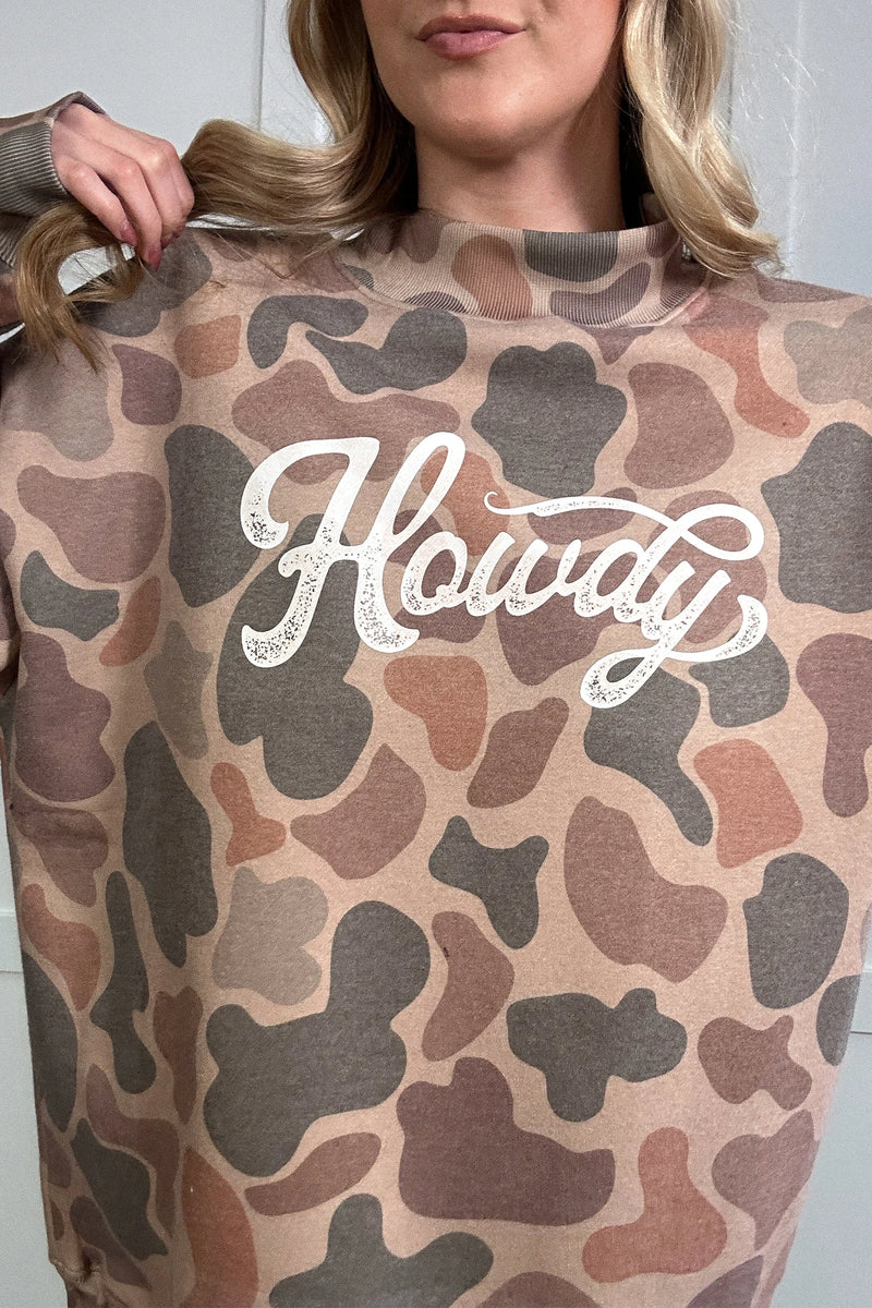 Load image into Gallery viewer, DLLS777 - Ladies Multicolour Camo Print Howdy Western Style Baggy Pullover Sweatshirt
