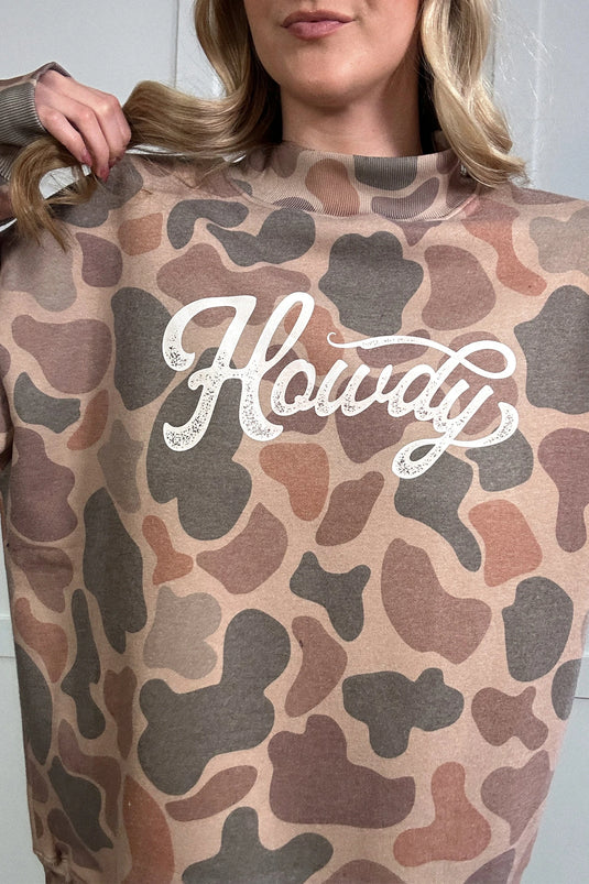 DLLS777 - Ladies Multicolour Camo Print Howdy Western Style Baggy Pullover Sweatshirt