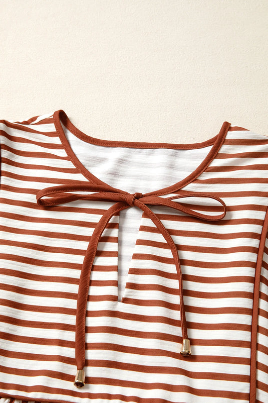 DLLS309 - Ladies Brown Stripe Babydoll Long Sleeve Blouse
