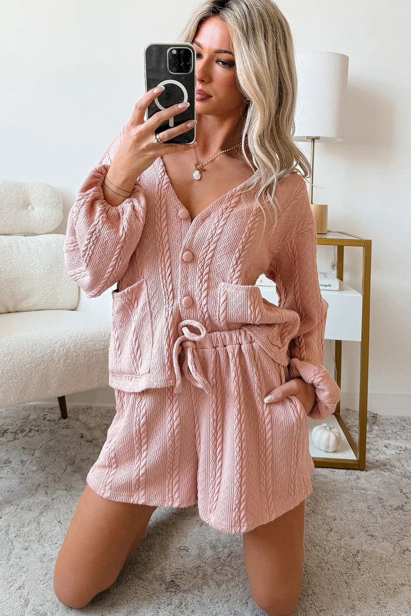 Load image into Gallery viewer, DLLS369 - Ladies Gossamer Pink Cable Knit V Neck Cardigan Shorts Set
