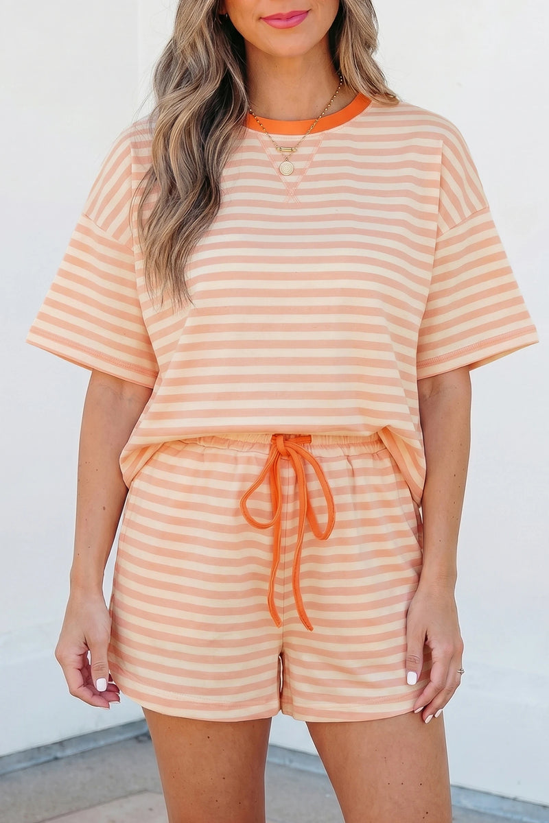Load image into Gallery viewer, DLLS701 - Ladies Pink Stripe Contrast Neck Loose Tee and Drawstring Shorts Set
